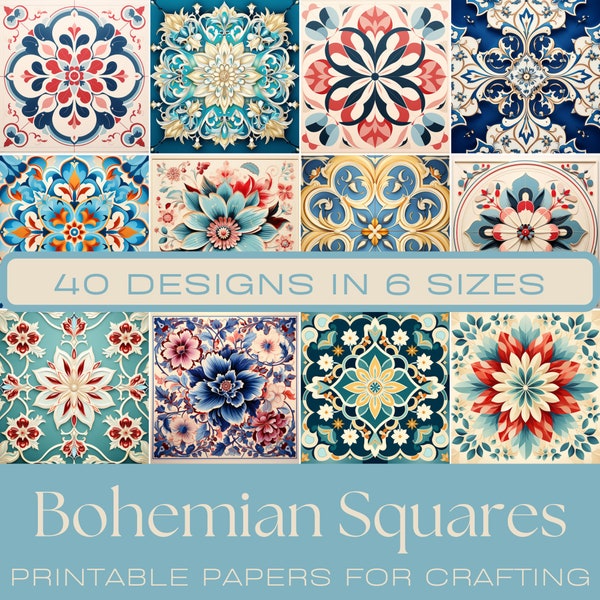 BOHEMIAN SQUARES | Boho Journaling, Mediterranean Tiles, Crafting Paper, Bohemian tiles, Printable tiles, Square patterns, digital tiles