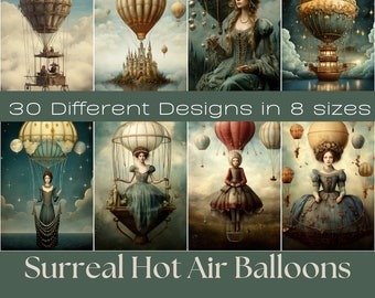 May include: 30 different designs of surreal hot air balloons in 8 sizes. Printable papers for crafting. The designs feature whimsical hot air balloons with intricate details and fantastical elements.