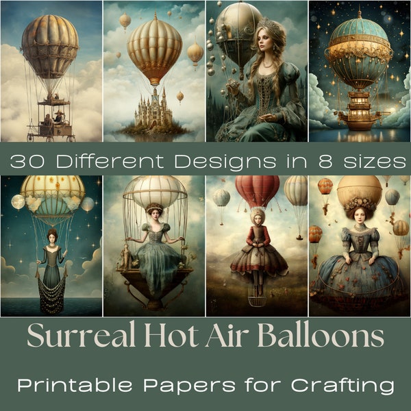 SURREAL HOT Air BALLOONS | Journaling Papers, Cards,  Digital Paper, Printable Journaling Cards, Digital Download, Card Making, Ephemera