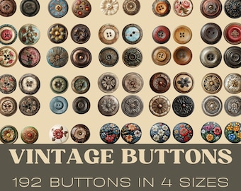 May include: A collection of 192 vintage buttons in four different sizes. The buttons are made of various materials, including metal, plastic, and wood. They feature a variety of colors, patterns, and designs, including floral, geometric, and abstract.