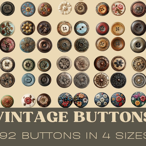 VINTAGE BUTTONS |  Fussycut Junk Journal elements, Scrapbooking Ephemera, Huge variety of 192 Buttons in 4 different sizes