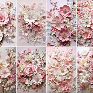 May include: A collage of eight images featuring intricate paper flowers in shades of pink and white. The flowers are arranged in bouquets and feature delicate details, such as layered petals and textured leaves.