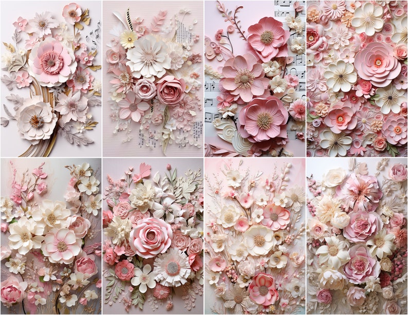 May include: A collage of eight images featuring intricate paper flowers in shades of pink and white. The flowers are arranged in bouquets and feature delicate details, such as layered petals and textured leaves.