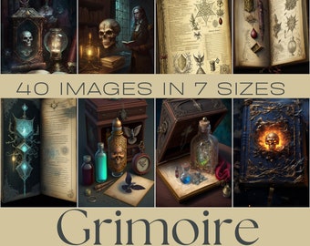 May include: A set of printable papers featuring images of a grimoire, potions, skulls, and other magical elements. The papers are designed for crafting and come in 7 different sizes. The text "40 IMAGES IN 7 SIZES" is displayed on the image.