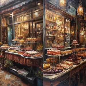 May include: A painting of a bakery storefront with a variety of pastries and cakes displayed on shelves. The bakery is lit with warm, inviting light and has a rustic, old-world charm.