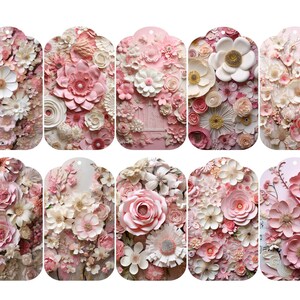 May include: Ten pink and white paper flower gift tags with scalloped edges. The tags are decorated with various paper flowers in shades of pink and white.