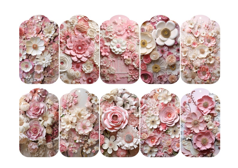 May include: Ten pink and white paper flower gift tags with scalloped edges. The tags are decorated with various paper flowers in shades of pink and white.