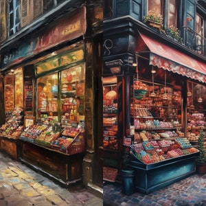 May include: A painting of a street scene with two shops selling fresh produce. The shop on the left has a sign that says "Fruits et Legumes". The shop on the right has a red awning and a variety of fruits and vegetables displayed in the window.