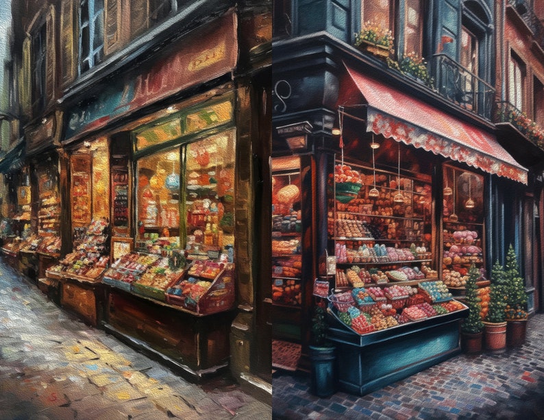 May include: A painting of a street scene with two shops selling fresh produce. The shop on the left has a sign that says "Fruits et Legumes". The shop on the right has a red awning and a variety of fruits and vegetables displayed in the window.