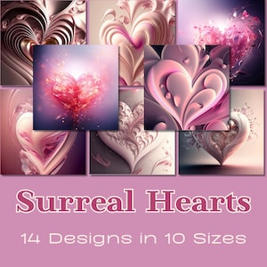 CORAZONES SURREALISTAS / Estampados con temática de amor, Tarjetas ATC, Papel digital, Tarjetas de diario imprimibles, Descarga digital, Fabricación de tarjetas, Efímeras, Manualidades