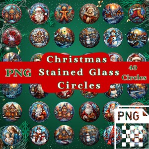 May include: 40 Christmas stained glass circles in various designs, including a snowman, a gingerbread man, a house, and a Santa Claus. The circles are on a green background with snowflakes.