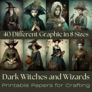 Könnte beinhalten: 40 druckbare digitale Papiere mit dunklen Hexen und Zauberern in verschiedenen Posen. Die Papiere sind in 8 verschiedenen Größen erhältlich und weisen eine Vielzahl von Farben und Designs auf, darunter Schwarz, Grün und Braun.