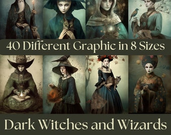 May include: 40 printable digital papers featuring dark witches and wizards in various poses. The papers are in 8 different sizes and feature a variety of colors and designs, including black, green, and brown.