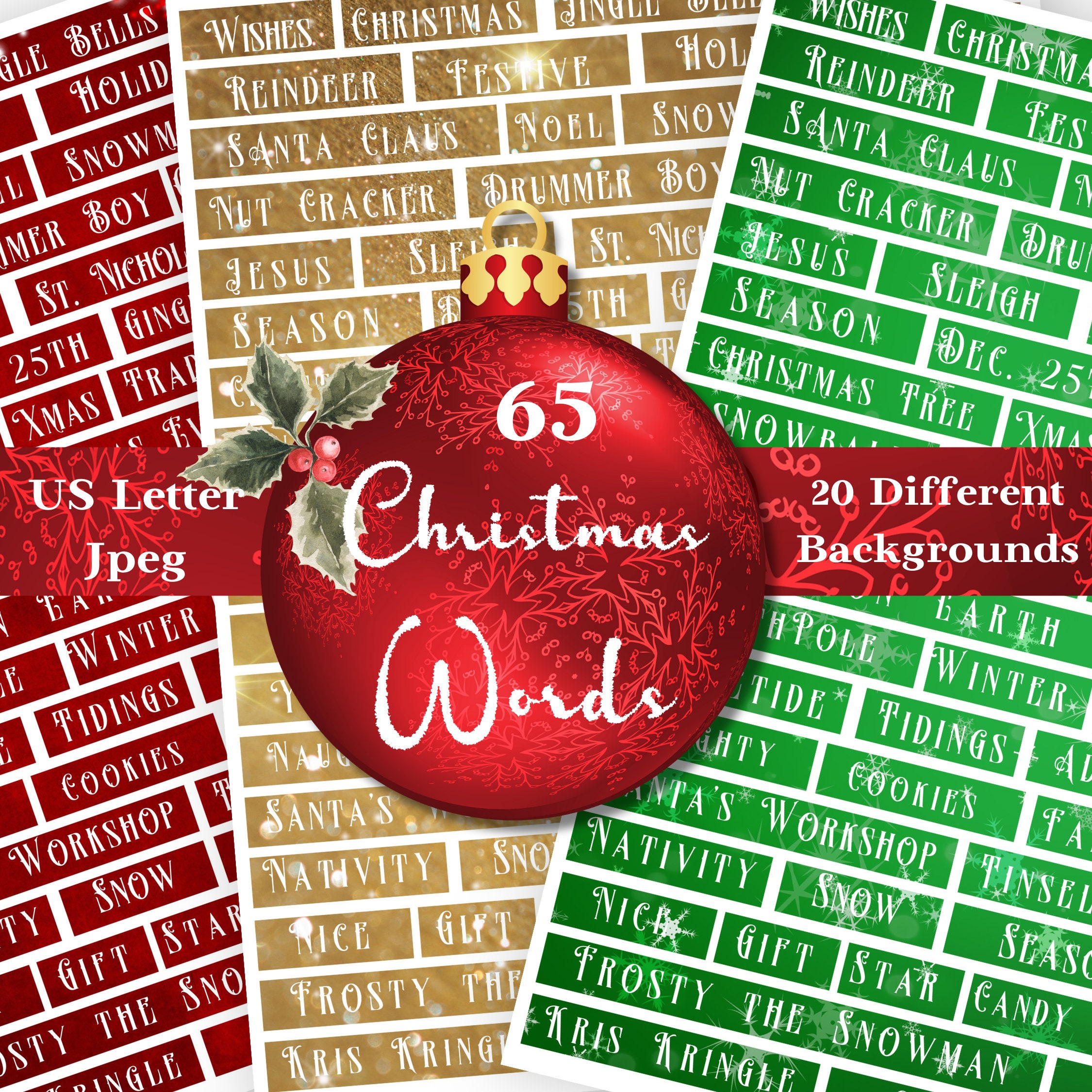 Christmas Word Phrases printable, junk journal kit supplies, Digital Download, Christmas Embellishment, 65 words on 20 different backgrounds