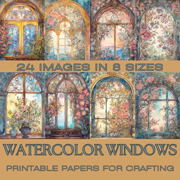 WATERCOLOR WINDOWS | Floral Junk Journal Supplies, Crafting Papers, Ephemera, Scrapbooking Supplies, Card Making, Wall Art, Vintage Crafting