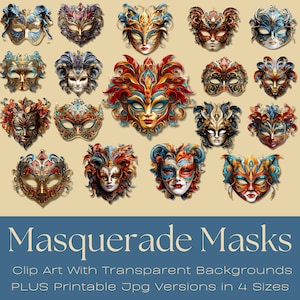 MASQUERADE MASKEN PNG Clip Art || Fussy Cut Printables und Digital Art Add-Ons für Collagen || Clipart mit transparentem Hintergrund