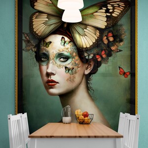 May include: A framed painting of a woman with a butterfly mask and butterflies surrounding her head. The background is a teal green color.
