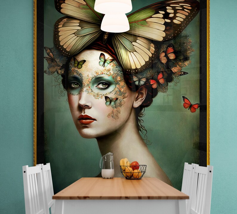 May include: A framed painting of a woman with a butterfly mask and butterflies surrounding her head. The background is a teal green color.