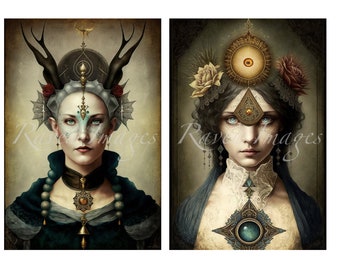 Mystic Portrait Ephemera, Junk Journal Cards, ATC, Printable Stickers (Digital Download)