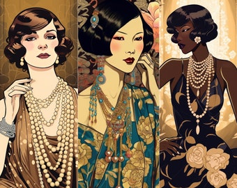 May include: Three women wearing different styles of pearl necklaces. The woman on the left is wearing a brown dress with a multi-strand pearl necklace. The woman in the middle is wearing a teal and gold patterned dress with a multi-strand necklace with turquoise and gold accents. The woman on the right is wearing a black dress with a multi-strand pearl necklace and a pendant.