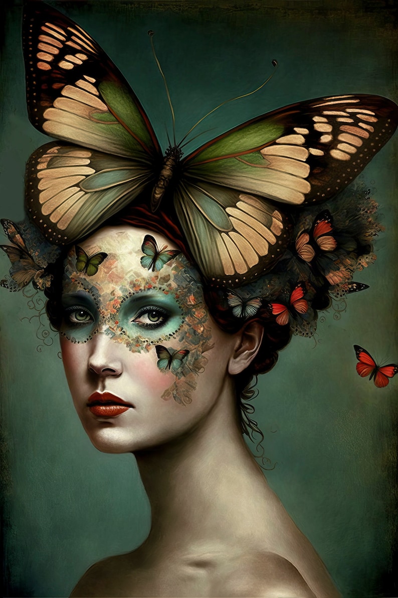 May include: A woman with a butterfly mask and a large butterfly on her head. The butterfly is green, brown, and beige with black spots. The woman's face is painted with a floral design and she has green eyeshadow. The background is a dark teal color.