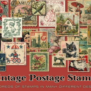 Sellos postales antiguos, papeles para diarios, papel digital, diario basura imprimible, descarga digital, fabricación de tarjetas, material efímero, papelería, ATC