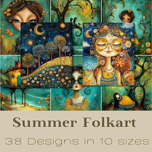 Arte folclórica de verão | Papéis de registro no diário, arte de parede, cartões ATC, cartões de registro no diário para impressão, download digital, criação de cartões, arte de verão, arte popular