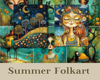 Summer Folkart Journaling Papers | Printable ATC Cards (Digital Download)