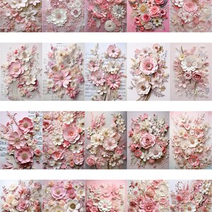 May include: A collection of 18 framed paper flower arrangements in shades of pink and white. The flowers are arranged in a variety of styles and sizes, creating a beautiful and delicate display.