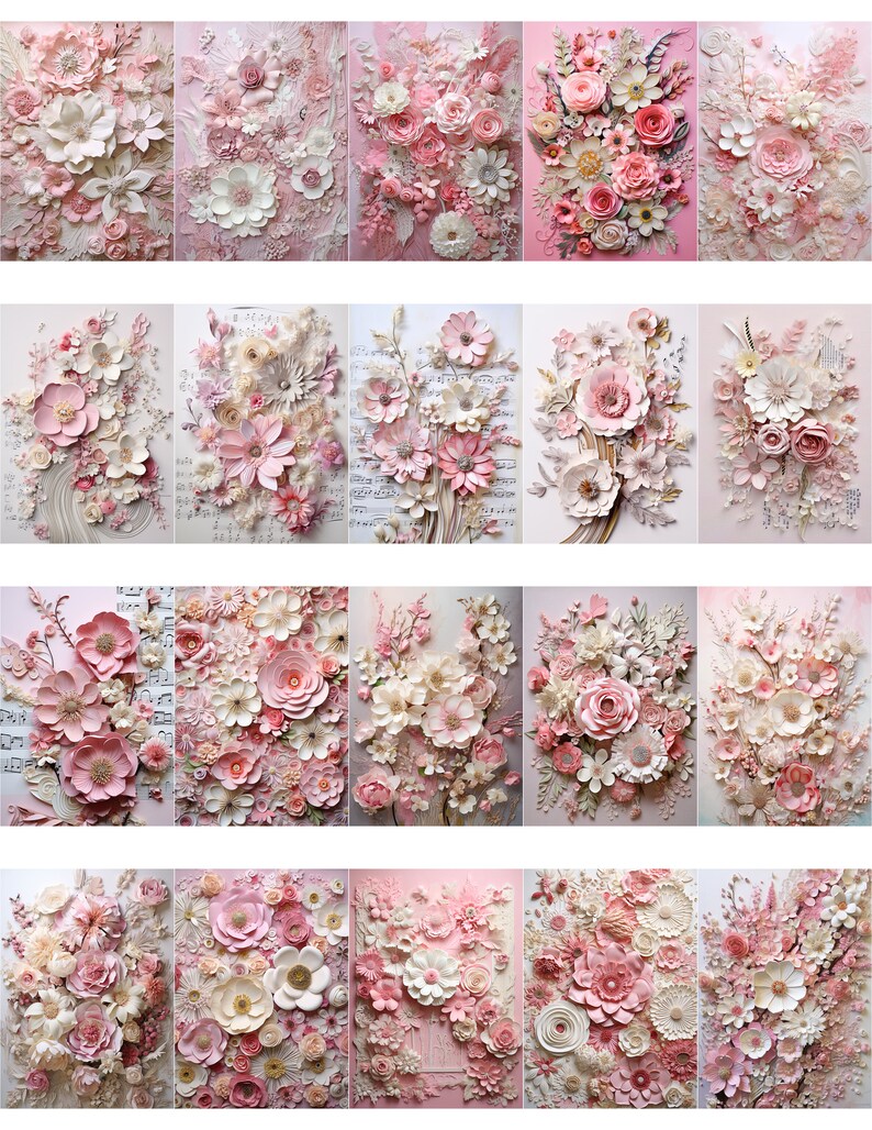 May include: A collection of 18 framed paper flower arrangements in shades of pink and white. The flowers are arranged in a variety of styles and sizes, creating a beautiful and delicate display.
