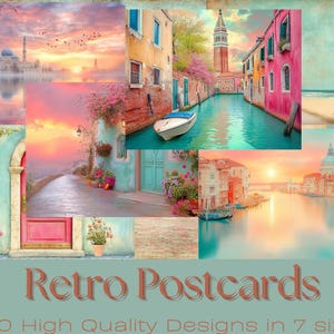 200 POSTALES RETRO DE 5 X 7 pulgadas / Postales con imágenes de viajes con esquema de colores retro en 7 tamaños (la más grande es de 5 x 7), individuales, ATC, cinta washi, 200 imágenes