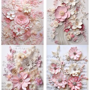 May include: A collage of four paper flower arrangements in shades of pink and white. The flowers are arranged on a white background with musical notes printed on two of the backgrounds.