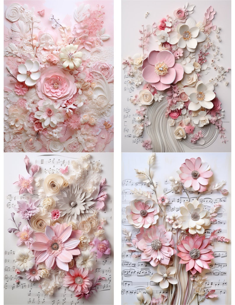 May include: A collage of four paper flower arrangements in shades of pink and white. The flowers are arranged on a white background with musical notes printed on two of the backgrounds.