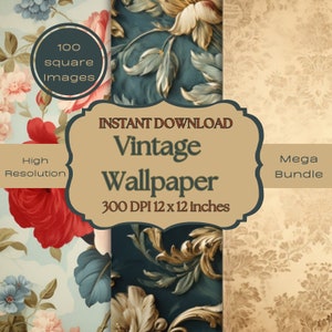 100 QUADRADOS DE PAPEL DE PAREDE VINTAGE Designs imprimíveis para diários de lixo, decoupage, sublimação, scrapbooking, artesanato em papel, itens efêmeros para fazer cartões
