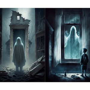 May include: A ghostly figure appears in a doorway of a dilapidated building, while a child looks out a window at another ghostly figure.