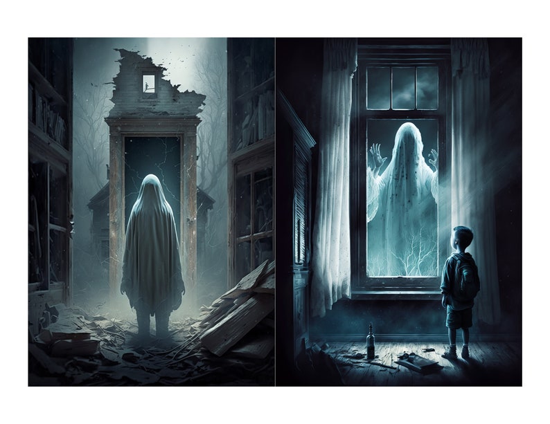 May include: A ghostly figure appears in a doorway of a dilapidated building, while a child looks out a window at another ghostly figure.