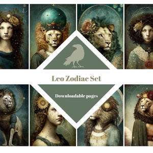 LEO ZODIAC プリント、ジャーナリング ペーパー、ATC カード、デジタル ペーパー、印刷可能なジャーナリング カード、デジタル ダウンロード、カード作成、エフェメラ、クラフト