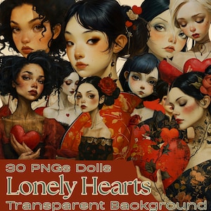 LONELY HEARTS PNG クリップアート || コラージュ用の透明な背景のデジタル クリップアート。このショップで入手できる背景とよく合います。