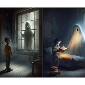 May include: Two children in separate rooms, each with a ghost. The first child is standing in a dimly lit room, looking up at a ghost in a window. The second child is sitting in bed, reading a book, with a ghost standing behind them.