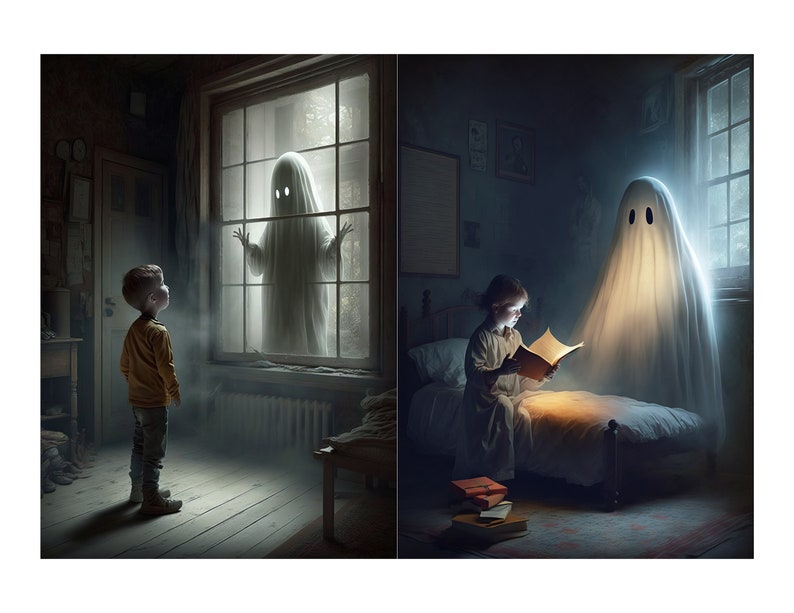 May include: Two children in separate rooms, each with a ghost. The first child is standing in a dimly lit room, looking up at a ghost in a window. The second child is sitting in bed, reading a book, with a ghost standing behind them.