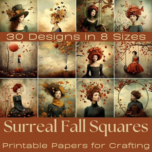 SURREAL FALL SQUARES | Diverse Crafting Papers,  Digital Paper, Printable Junk Journal, Digital Download, Card Making, Ephemera, Surreal