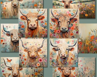 Floral Highland Cow Printable Papers | Journaling Cards (Digital Download)