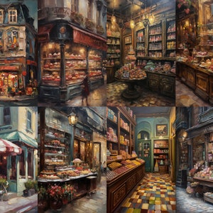 May include: A collage of eight paintings depicting various Parisian shops, including a bakery, a candy store, and a grocery store. The paintings are all in a similar style, with a focus on detail and realism. The shops are all brightly lit and inviting, with a variety of goods on display. The paintings are set against a backdrop of cobblestone streets and charming buildings.