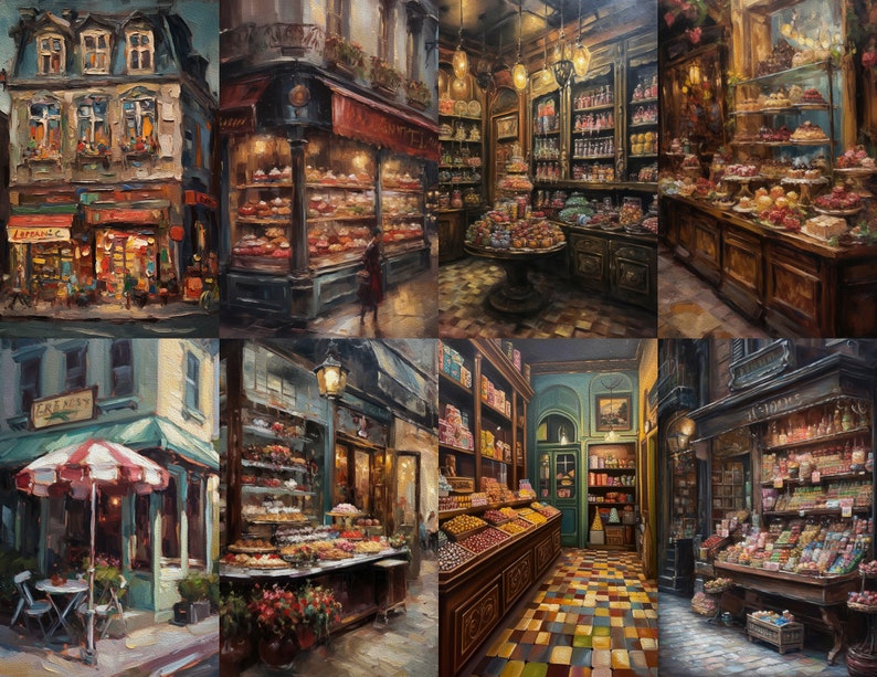 May include: A collage of eight paintings depicting various Parisian shops, including a bakery, a candy store, and a grocery store. The paintings are all in a similar style, with a focus on detail and realism. The shops are all brightly lit and inviting, with a variety of goods on display. The paintings are set against a backdrop of cobblestone streets and charming buildings.