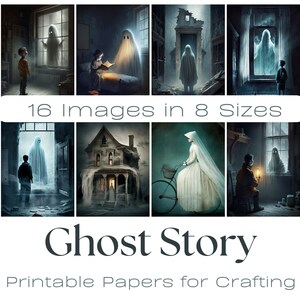 May include: A set of 16 printable digital papers featuring spooky ghost illustrations. The papers are perfect for crafting projects like scrapbooking, card making, and more. The images include ghosts, houses, and children.
