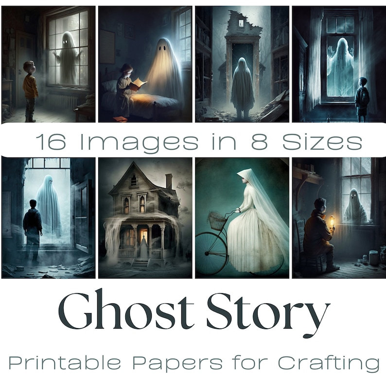 May include: A set of 16 printable digital papers featuring spooky ghost illustrations. The papers are perfect for crafting projects like scrapbooking, card making, and more. The images include ghosts, houses, and children.