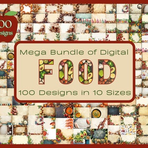 MEGA BUNDLE FOOD Conjunto temático de 100 diseños, tarjetas de recetas, diario de libros de cocina, papel digital con temática alimentaria, manteles individuales imprimibles, etiquetas de alimentos
