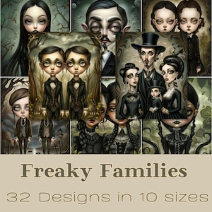 Famílias esquisitas | Papéis de registro no diário, arte de parede, cartões ATC, cartões de registro no diário para impressão, download digital, criação de cartões, arte de Halloween, gótico