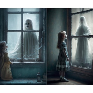 May include: Two young girls stand in separate rooms, each looking at a ghost figure in a window. The ghost figures are wearing white dresses and have a pale, ethereal appearance. The girls are both wearing dresses and have long hair.