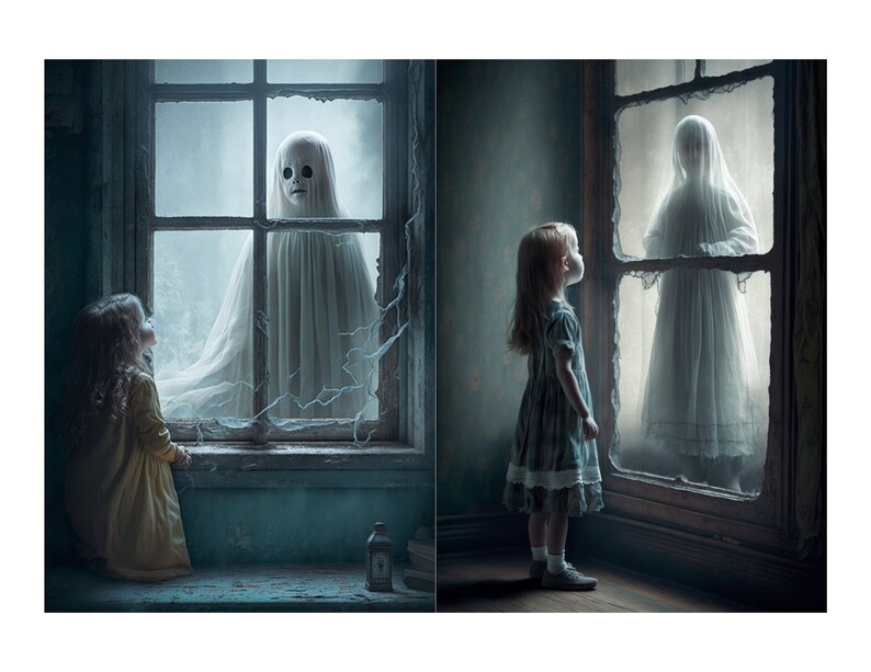 May include: Two young girls stand in separate rooms, each looking at a ghost figure in a window. The ghost figures are wearing white dresses and have a pale, ethereal appearance. The girls are both wearing dresses and have long hair.